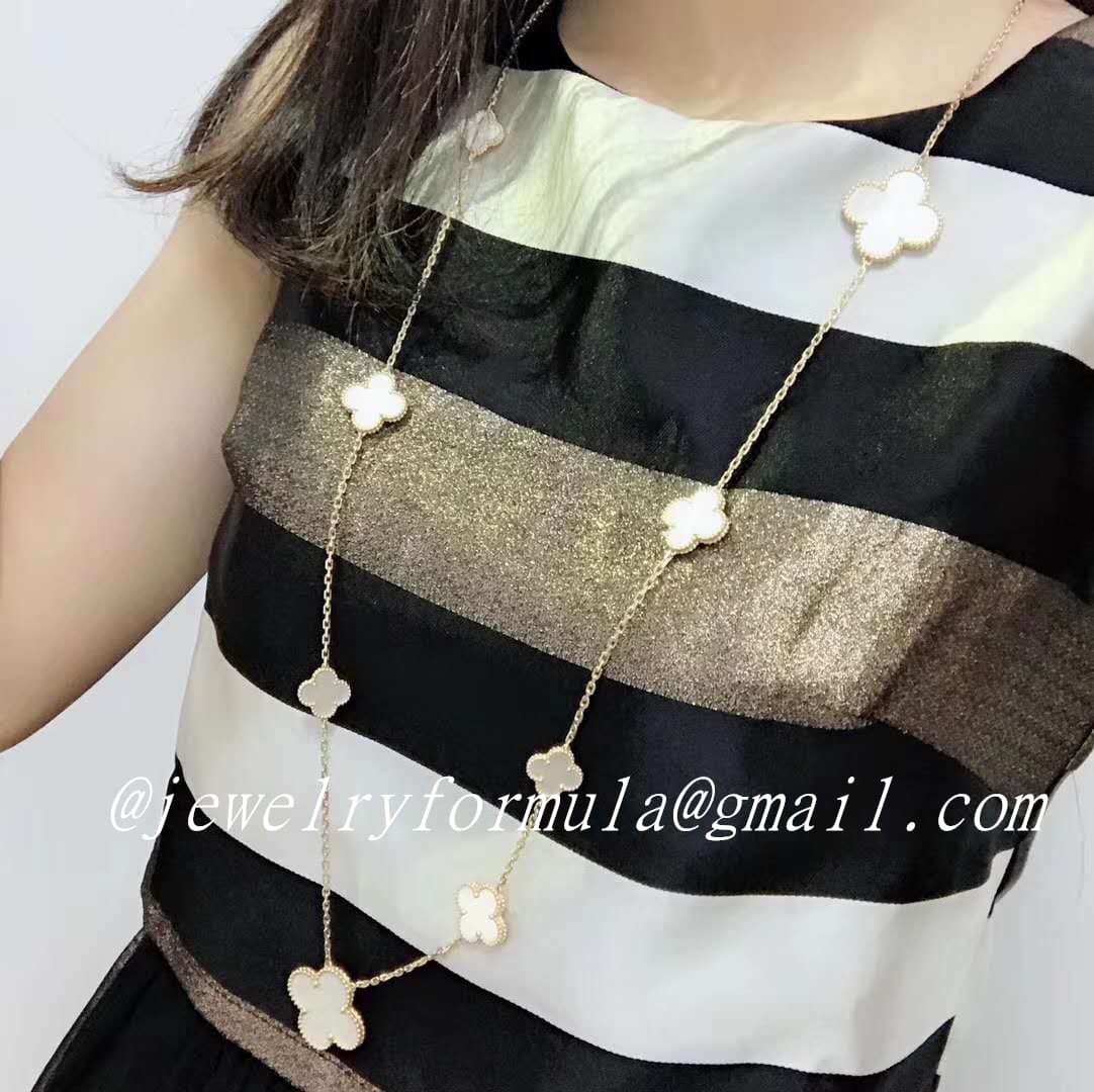 Customized Jewelry:Real Gold Van Cleef & Alhambra 16 Motifs Long Necklace 18k Yellow White Mother-of-pearl - Jewelry Formula